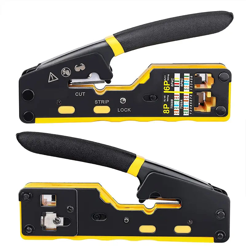 Ratcheting Modular Data Cable Crimper: The Ultimate Tool For Stripping, Cutting, and Connecting RJ11/RJ12 and RJ45 Pass-Thru Connectors!