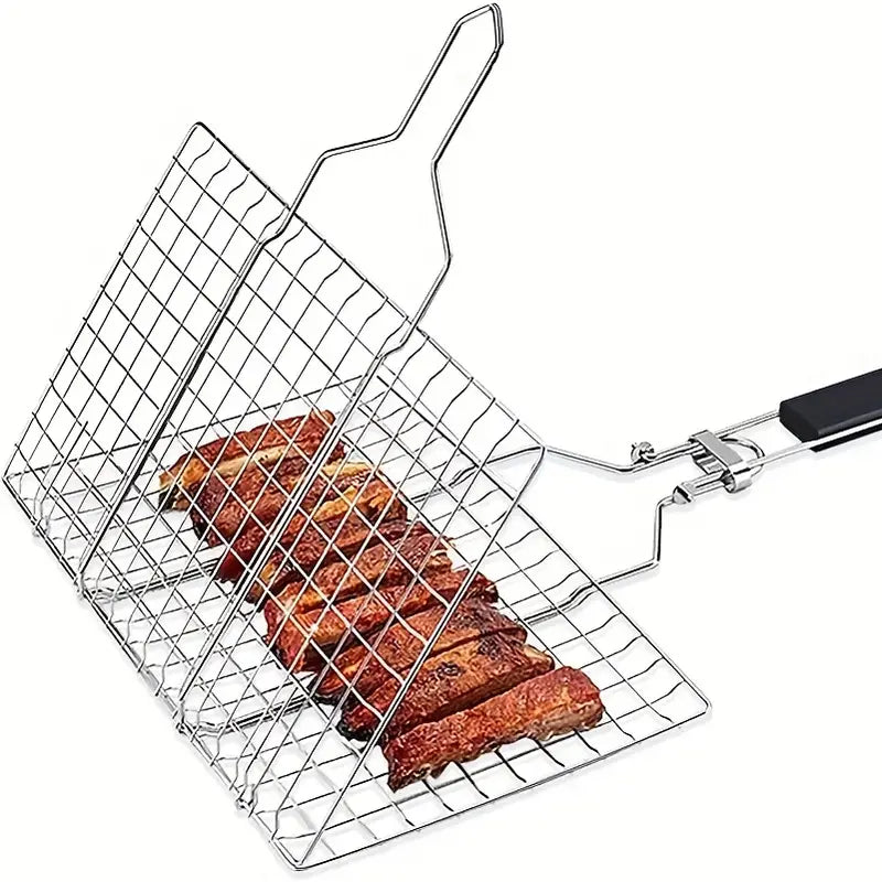 1pc Foldable Bbq Grill Basket Fish Roaster Portable Vegetable