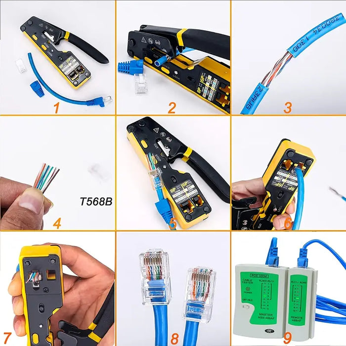 Ratcheting Modular Data Cable Crimper: The Ultimate Tool For Stripping, Cutting, and Connecting RJ11/RJ12 and RJ45 Pass-Thru Connectors!