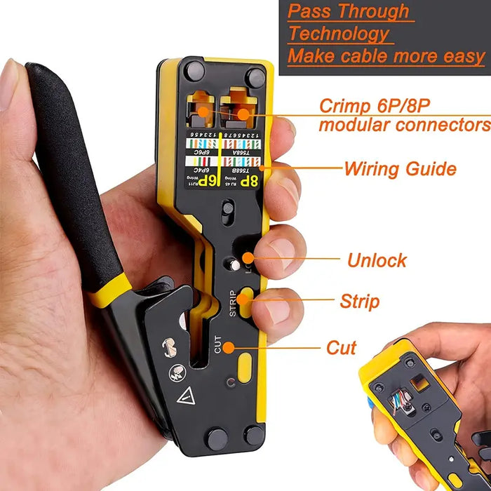 Ratcheting Modular Data Cable Crimper: The Ultimate Tool For Stripping, Cutting, and Connecting RJ11/RJ12 and RJ45 Pass-Thru Connectors!